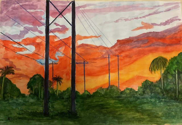 Autor: Elvia Rodríguez
Título: Amanecer en Rock Creeck, Cooper City, Florida
Medidas 40X58 cm en papel Canson 160
Técnica: Acuarela
